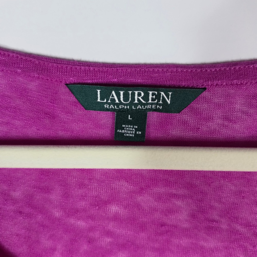 Lauren Ralph Lauren Linen Scoop Neck Top L Magenta Rolled Cuff - Picture 2 of 9